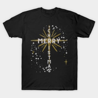 Merry Christmas Cross and Star Silver Letters on Black T-Shirt